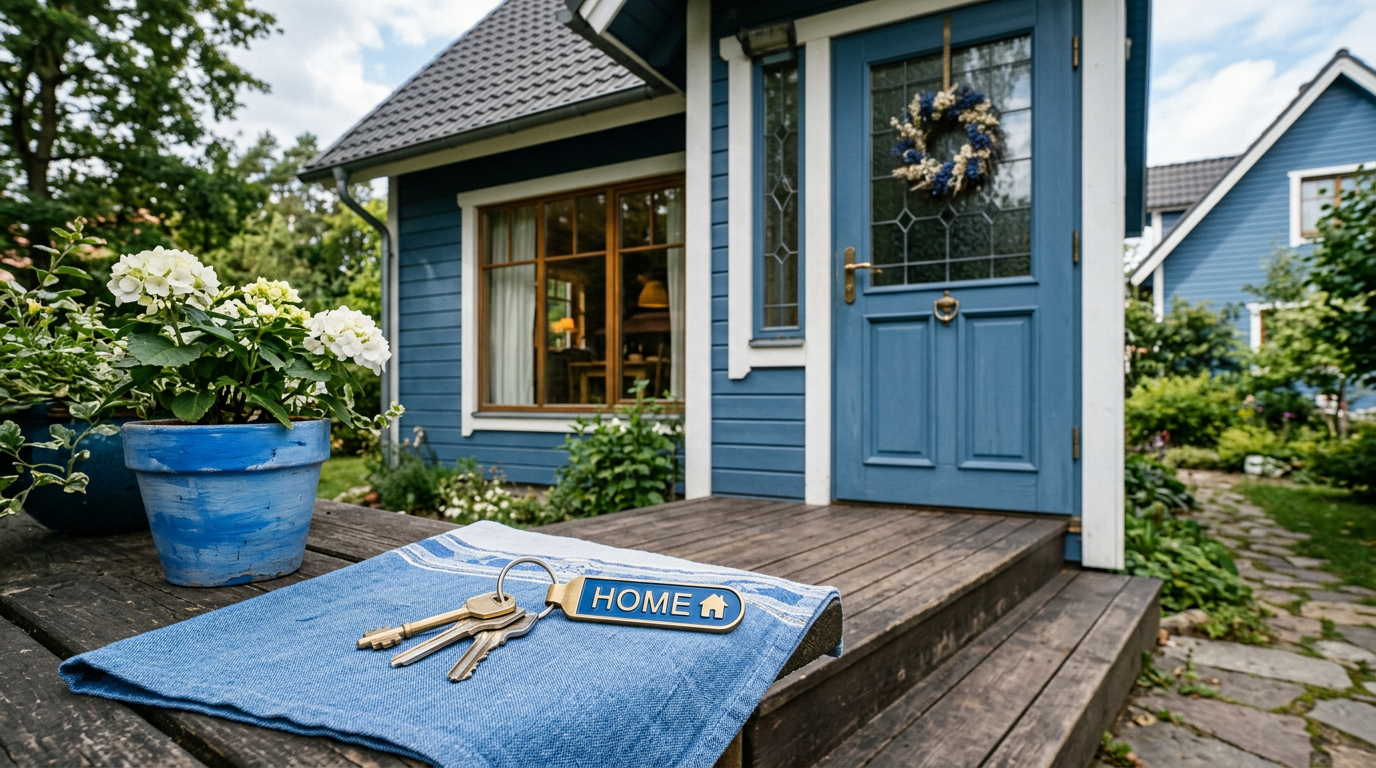 Set of keys with a 'HOME' keychain on a blue towel by a wooden porch